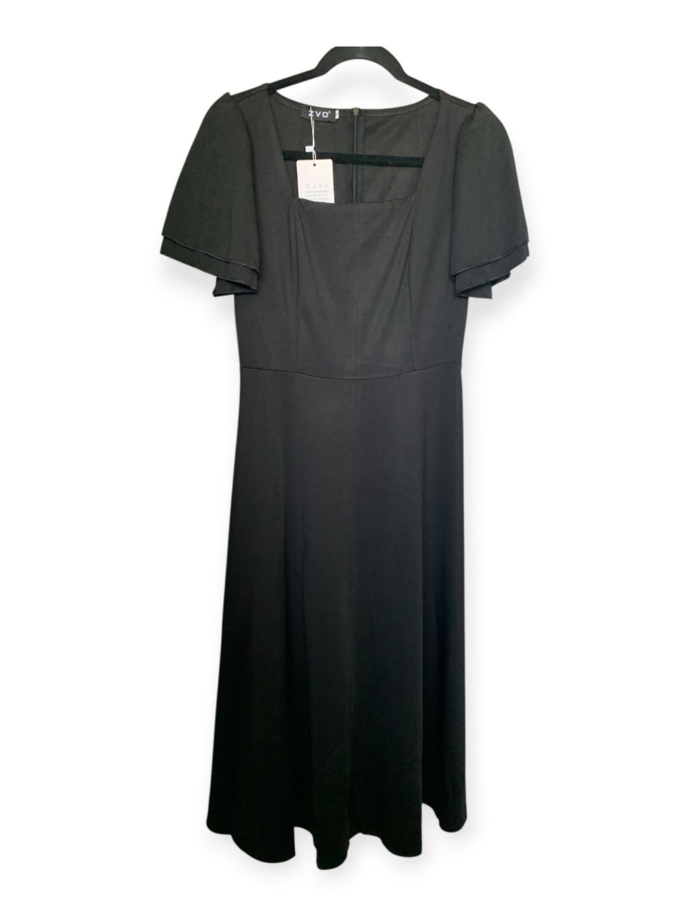 Black Square-Neck Flutter-Sleeve Midi Dress